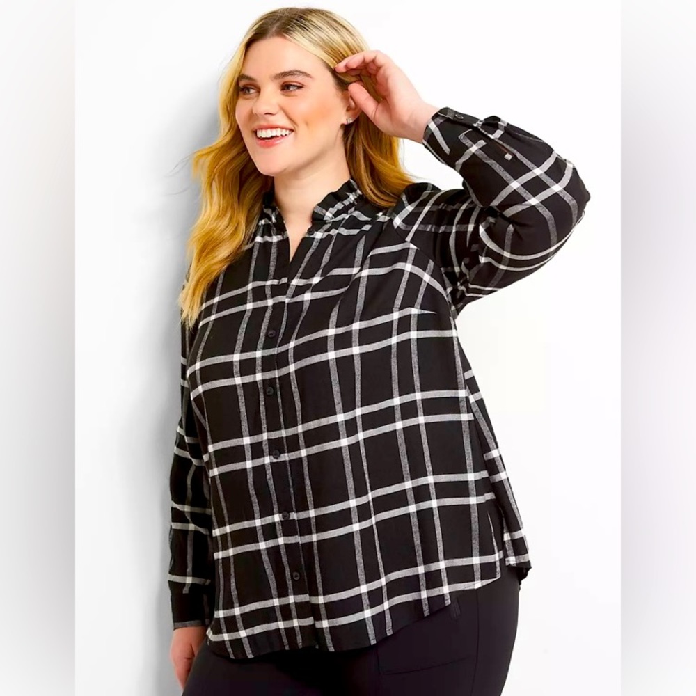 Lane Bryant plaid button down ruffle neck long sleeve shirt top